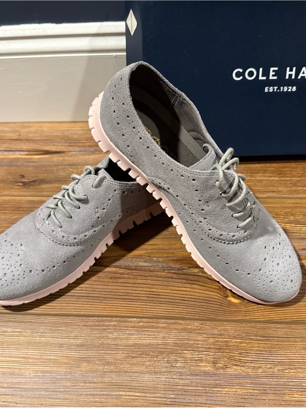 Cole Haan Gray Suede Wingtip Oxford with Pink Sole